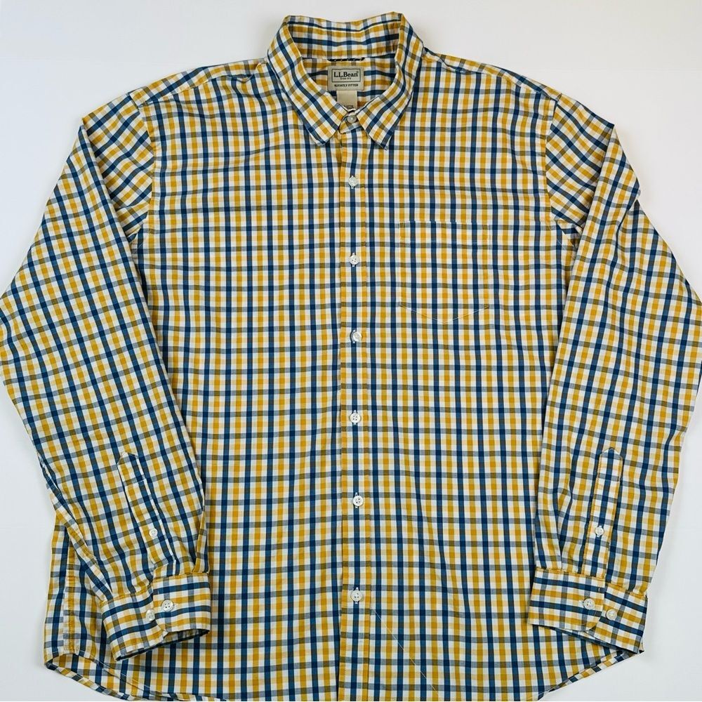 L.L.Bean Men’s XL Button Down Shirt Yellow Blue Plaid Check Long Sleeve Cotton